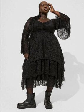 Torrid Festi Black Lace Bell Sleeve Tiered Midi Dress Size 2 (18/20) Whimsigoth